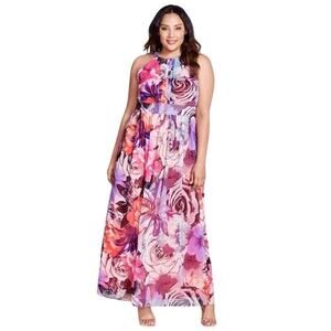 Eliza J Dress Maxi Halter Floral Chiffon Sleeveless High Waist Pink Purple 16